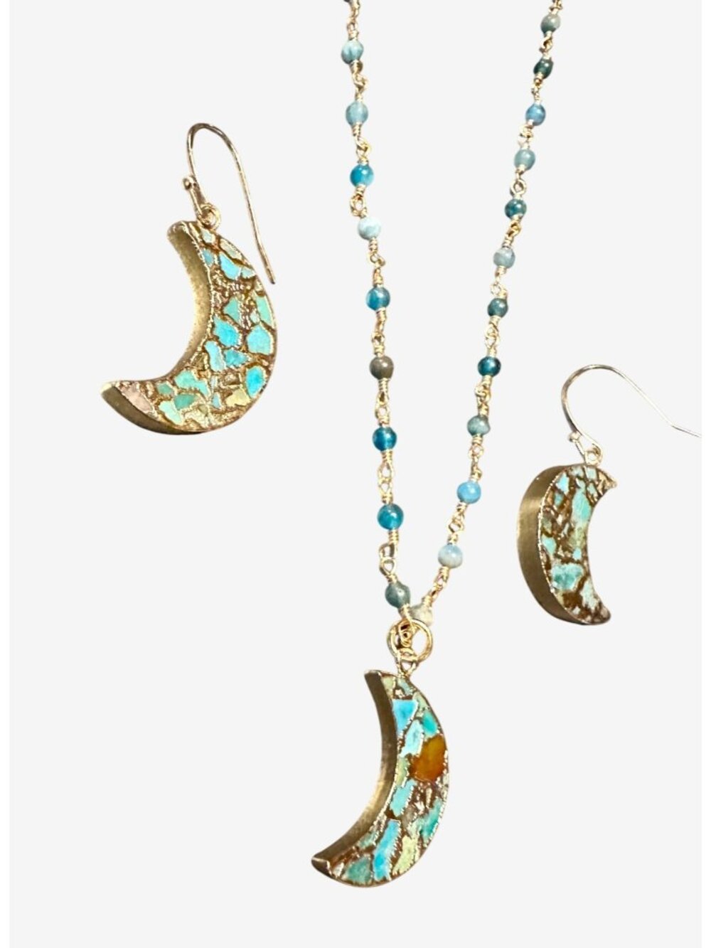 Moon Crescent Necklace & Earrings Set With Turquoise & Gold Accents - Picture 2 of 6